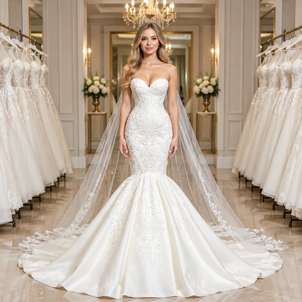 Elegant Strapless Sleeveless Mermaid Satin Floor-Length Wedding Dresses with Lace (ZD16416)