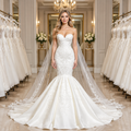 Elegant Strapless Sleeveless Mermaid Satin Floor-Length Wedding Dresses with Lace (ZD16416)