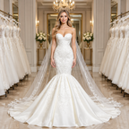 Elegant Strapless Sleeveless Mermaid Satin Floor-Length Wedding Dresses with Lace (ZD16416)
