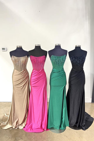 Opheliate | Trägerloses, langes Meerjungfrau-Ballkleid mit Perlen und Schlitz