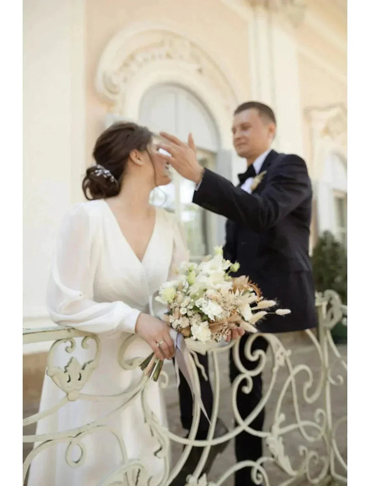Reception Little White Dresses Wedding Dresses A-Line V Neck Long Sleeve Ankle Length Chiffon Bridal Gowns With Solid Color by Aabei