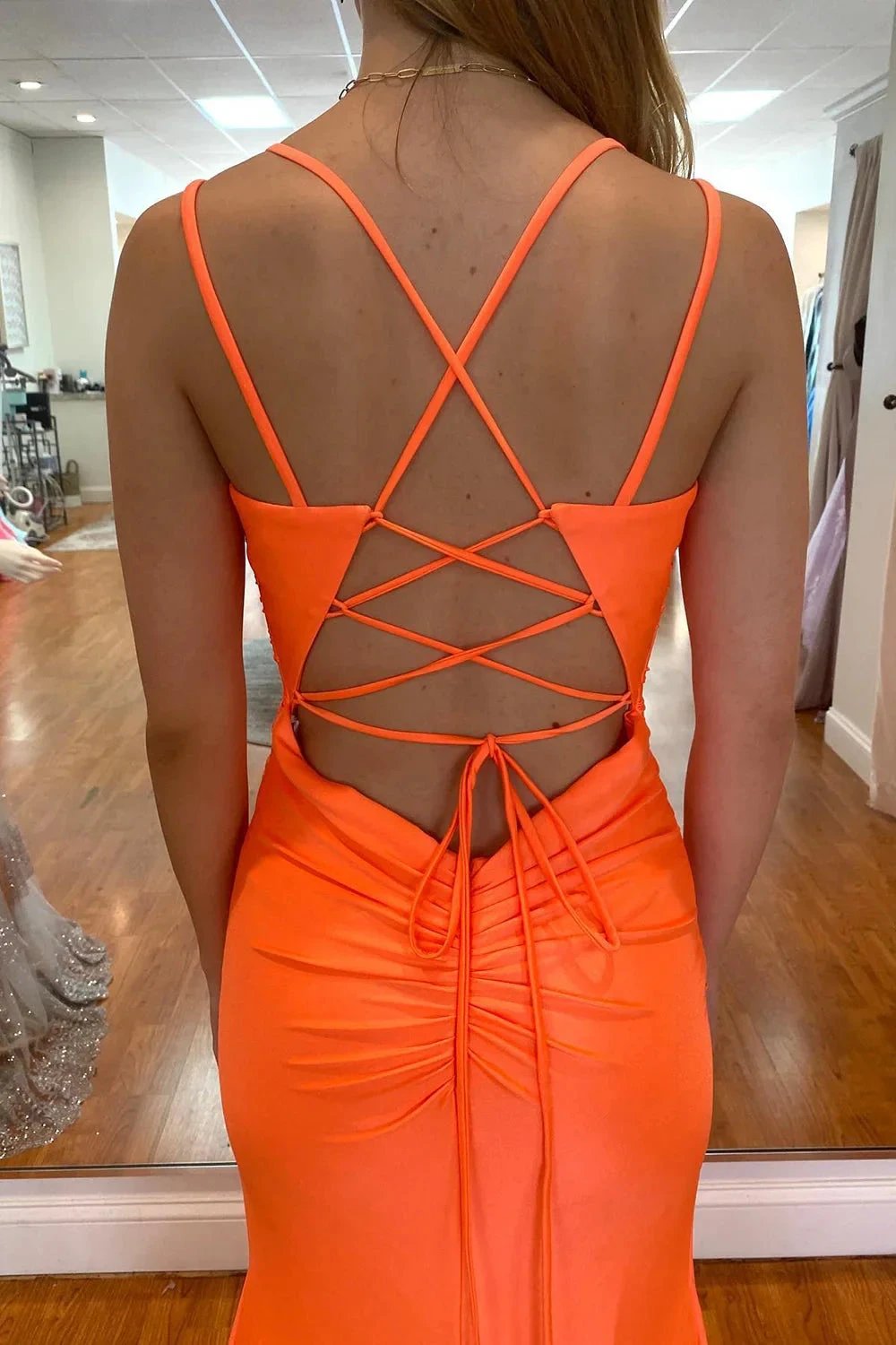 Orange Long Mermaid Spaghetti Straps Backless Prom Dress With Slit by BIZTUNNEL