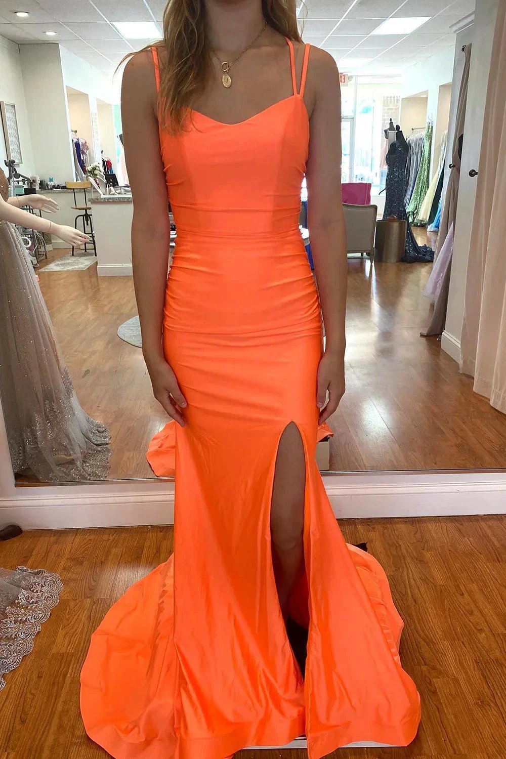 Orange Long Mermaid Spaghetti Straps Backless Prom Dress With Slit by BIZTUNNEL