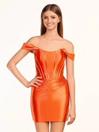 Fuchsia Sheath Off the Shoulder Short Satin Homecoming Dress by KissProm
