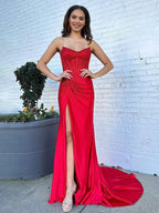 Oren | Mermaid Gold Satin Corset Long Prom Dresses with Slit by KissProm