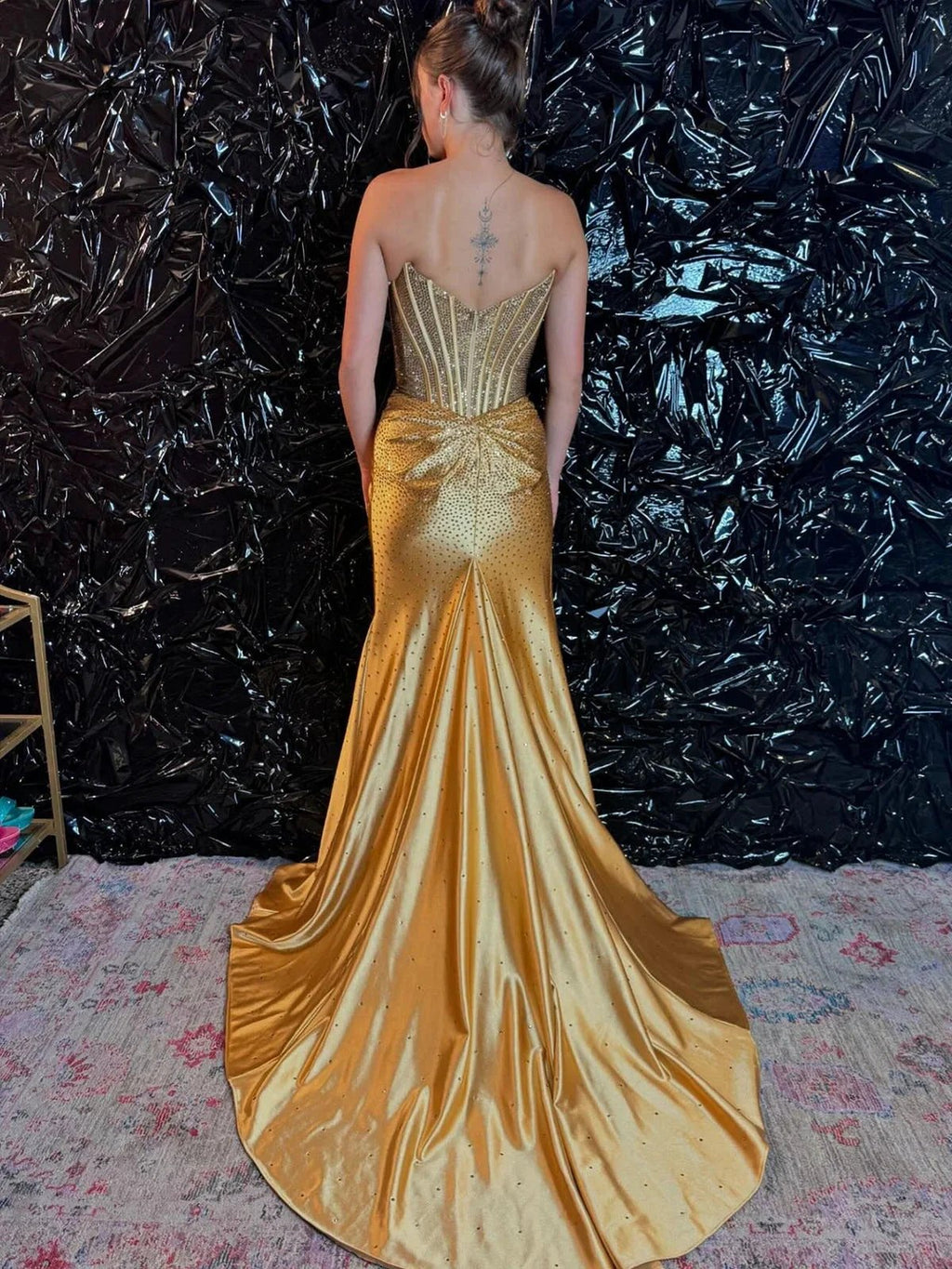 Oren | Mermaid Gold Satin Corset Long Prom Dresses with Slit by KissProm