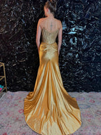 Oren | Mermaid Gold Satin Corset Long Prom Dresses with Slit by KissProm
