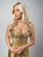 Oren | Mermaid Gold Satin Corset Long Prom Dresses with Slit by KissProm
