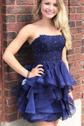 Organza A-line Strapless Short Prom Dress Navy Blue Homecoming Dress PD393 by pgmdress