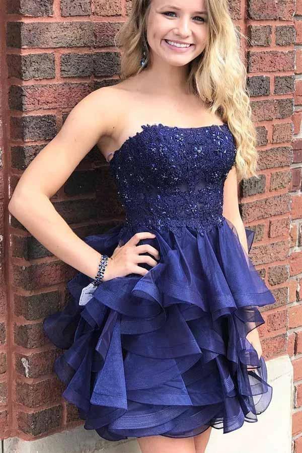 Organza A-line Strapless Short Prom Dress Navy Blue Homecoming Dress PD393 by pgmdress