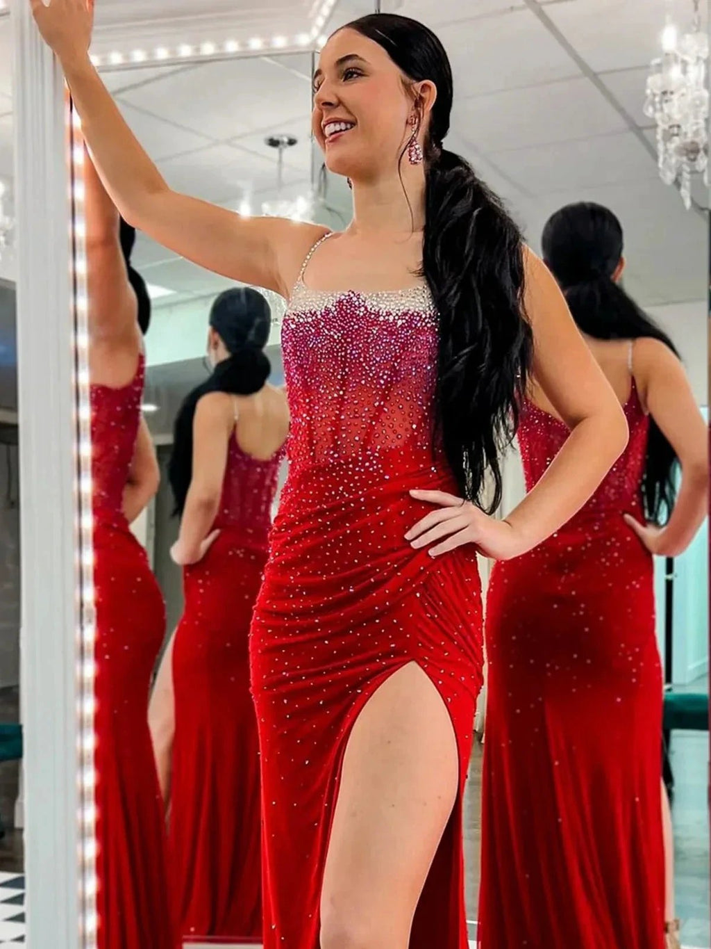 Oriole | Spaghetti Straps Beaded Mermaid Prom Dress with Slit by KissProm