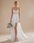 Spaghetti Straps Lace Beach Wedding Dress - Front View with Front Split