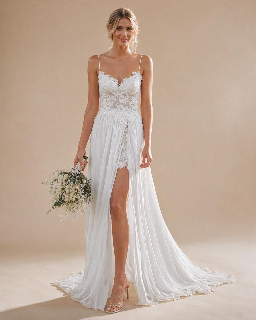 Spaghetti Straps Lace Beach Wedding Dress - Front View with Front Split