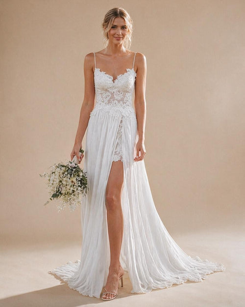 Spaghetti Straps Lace Beach Wedding Dress - Front View with Front Split