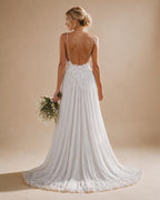 Spaghetti Straps Lace Beach Wedding Dress - Back View with Sweeping Train