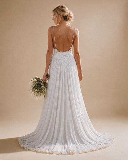 Spaghetti Straps Lace Beach Wedding Dress - Back View with Sweeping Train