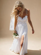 Spaghetti Straps Lace Beach Wedding Dress - Beach Setting with High Front Slit