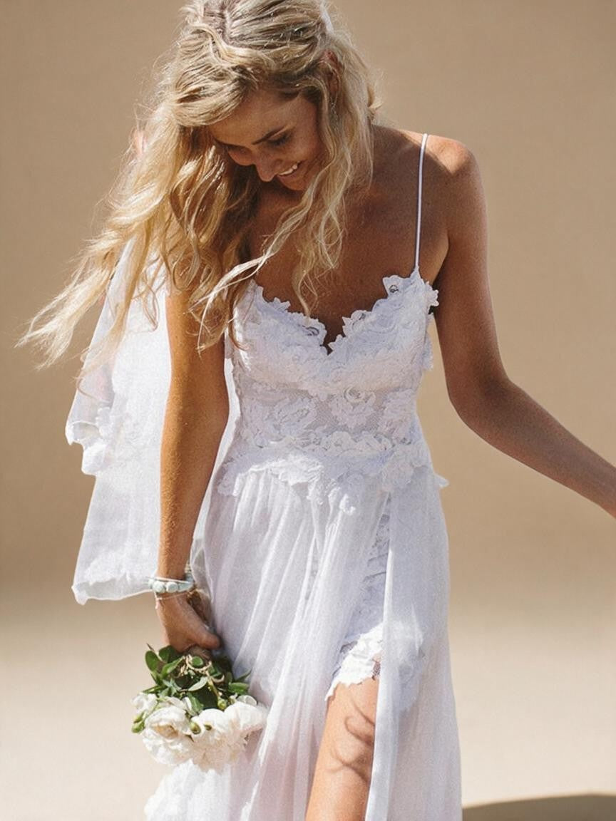 Spaghetti Straps Lace Beach Wedding Dress - Lace Bodice Close-up