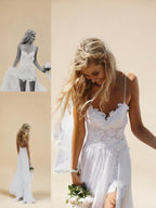 Spaghetti Straps Lace Beach Wedding Dress - Three-View Collage