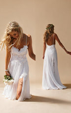 Spaghetti Straps Lace Beach Wedding Dress - Front and Back Views