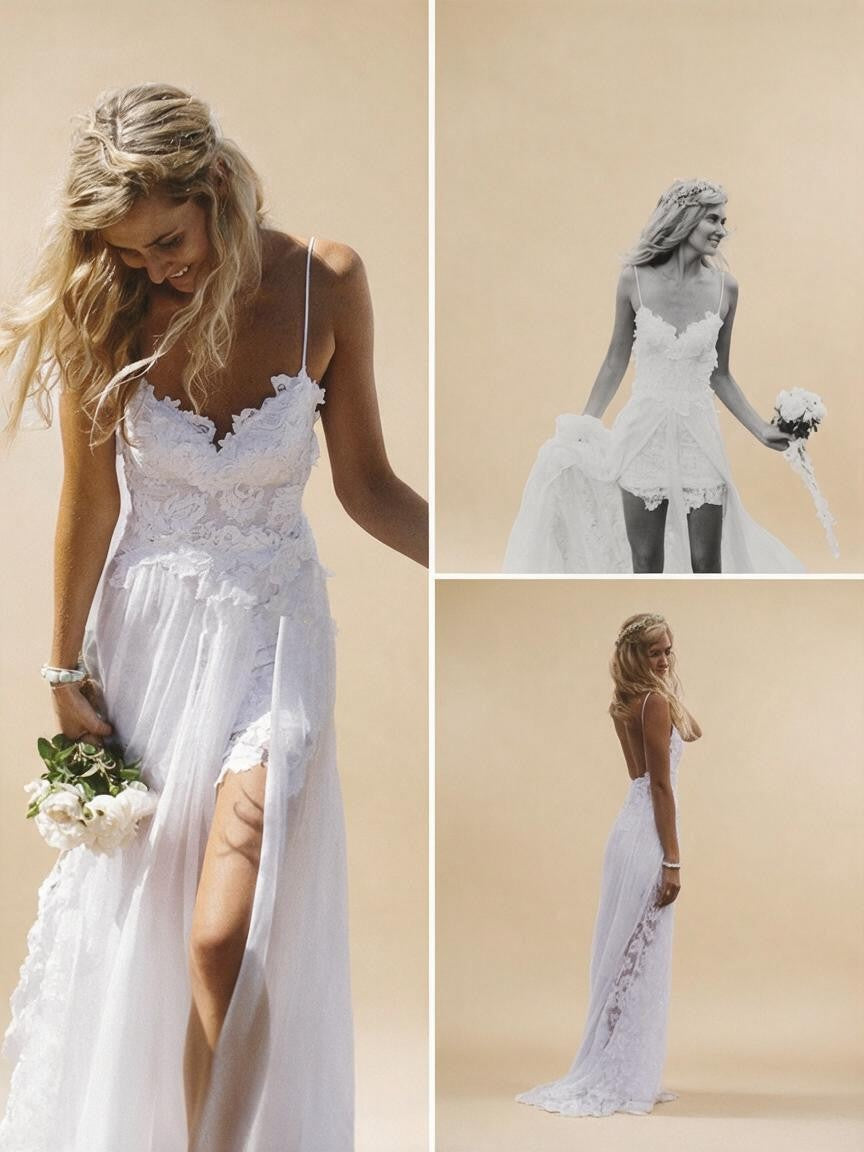 Spaghetti Straps Lace Beach Wedding Dress - Front, Black-and-White and Back Views