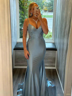 Paislee | Spaghetti Straps Light Blue Appliques Mermaid Prom Dress by KissProm