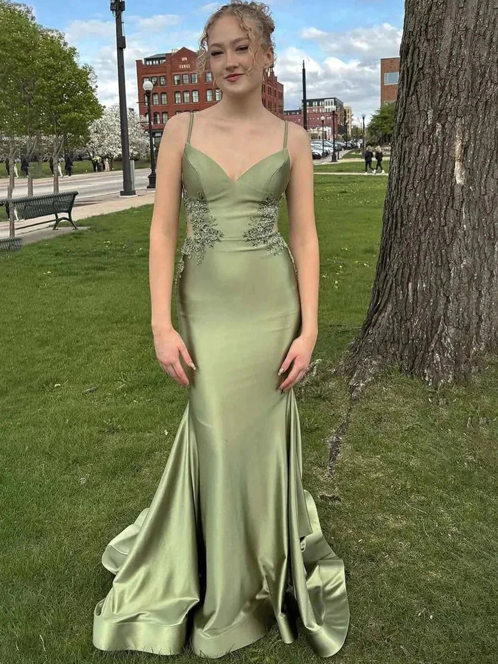 Paislee | Spaghetti Straps Light Blue Appliques Mermaid Prom Dress by KissProm