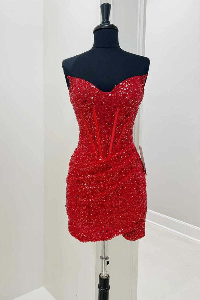 Bodycon Sweetheart Red Sequins Corset Homecoming Dress Main Image