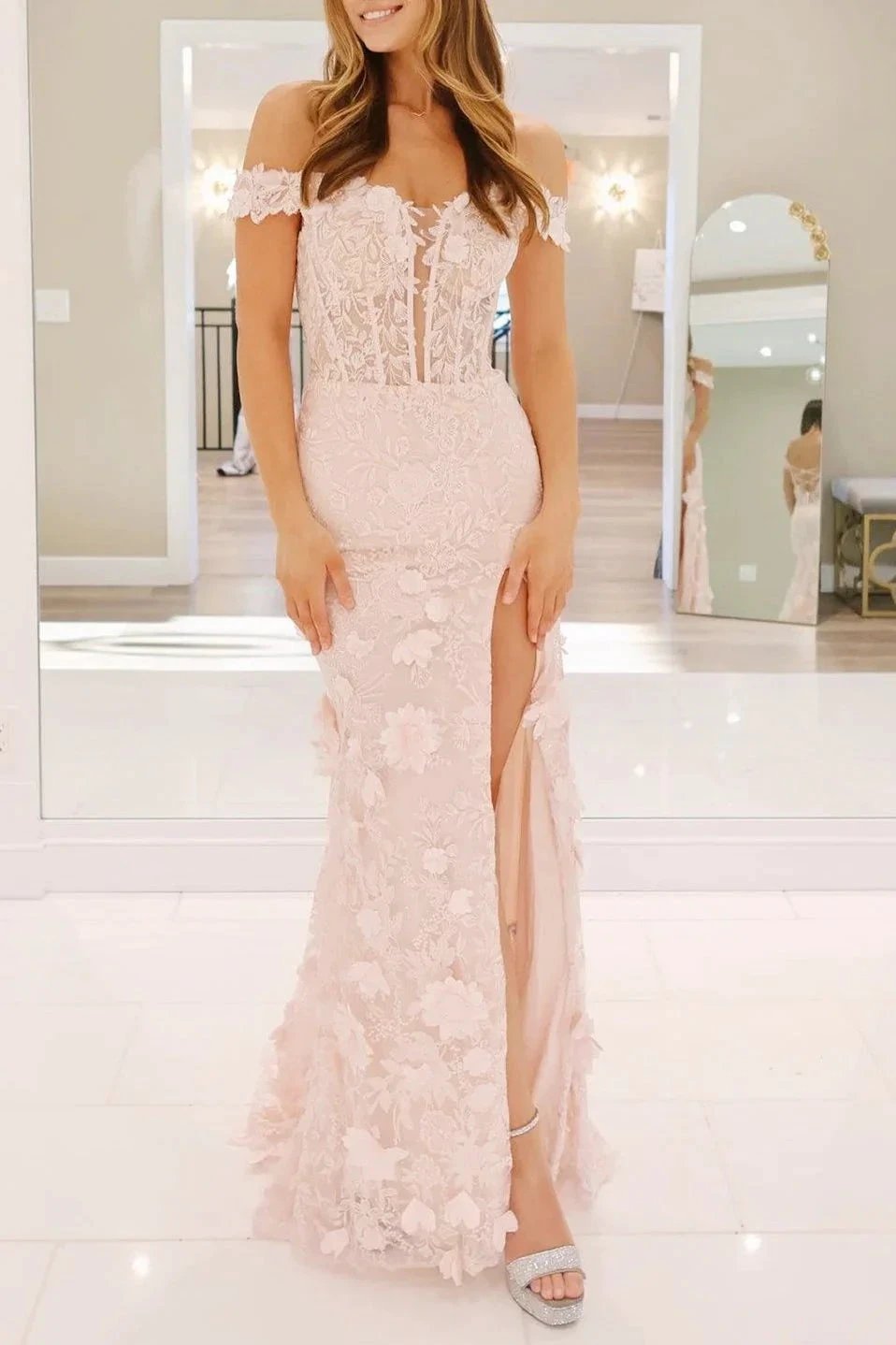 Paradis | Off The Shoulder Floral Lace Long Prom Dress With Split by KissProm