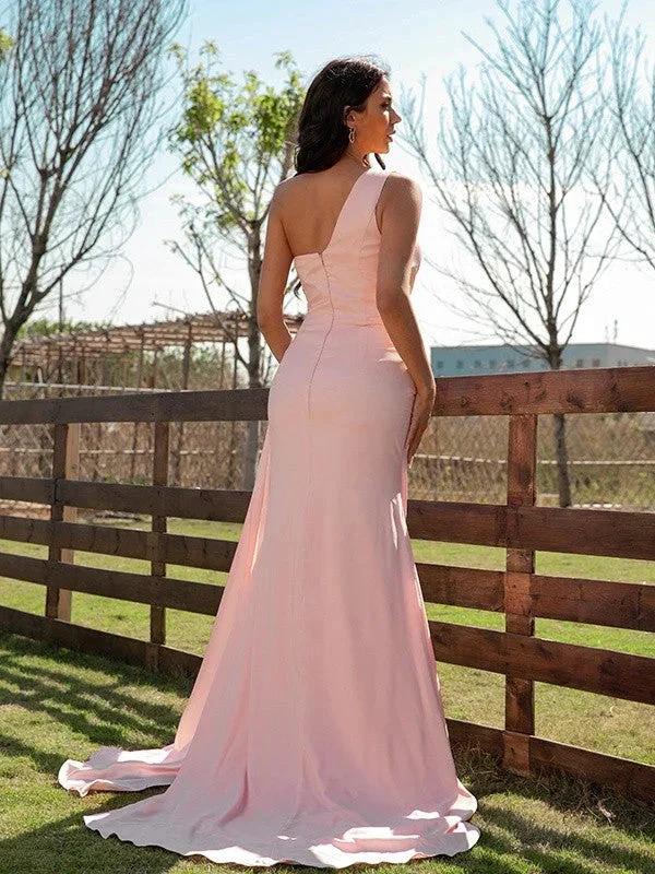 Satin Ruched One-Shoulder Prom Dresses SYP160 by vivymakudress