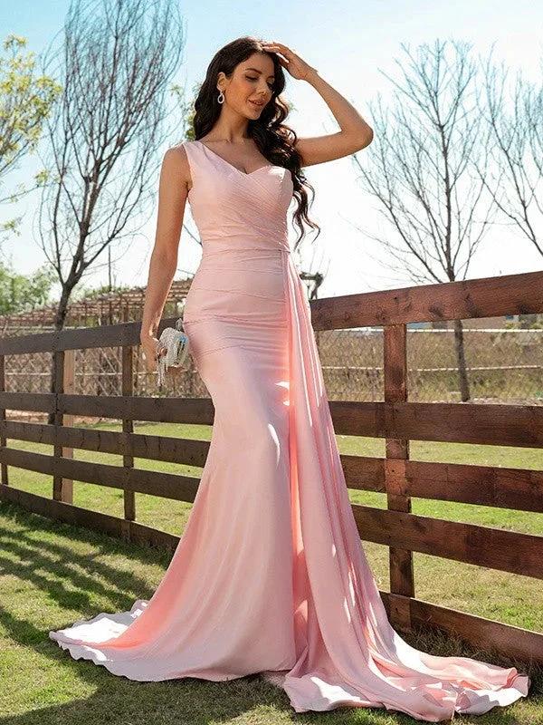 Satin Ruched One-Shoulder Prom Dresses SYP160 by vivymakudress