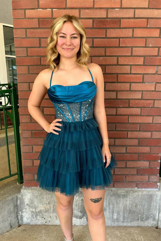 Peacock Blue Spaghetti Straps A-Line Tulle Tiered Corset Homecoming Dress