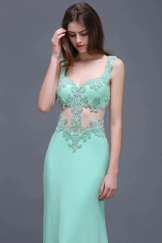 Pearls Sheath Straps Floor-Length Mint Green Prom Dresses by misshow.com