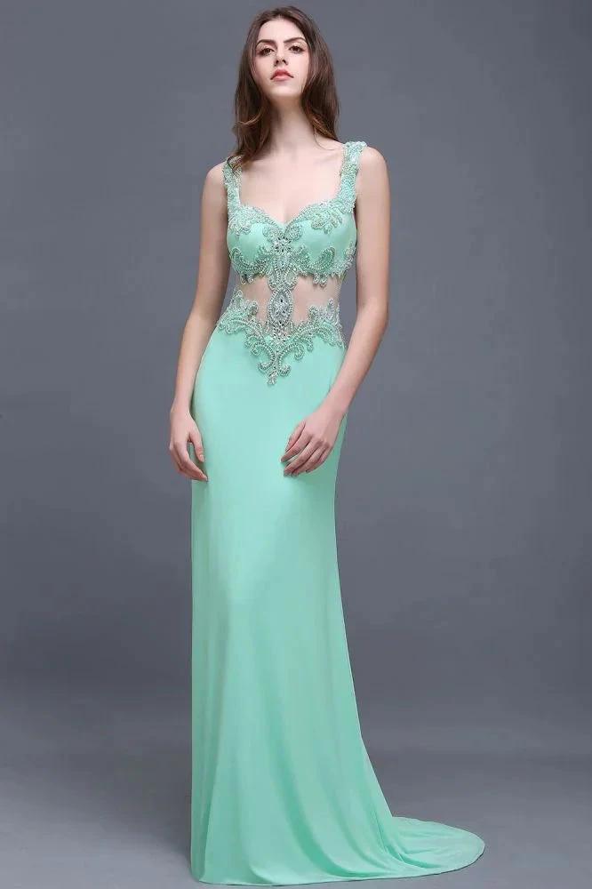 Pearls Sheath Straps Floor-Length Mint Green Prom Dresses by misshow.com
