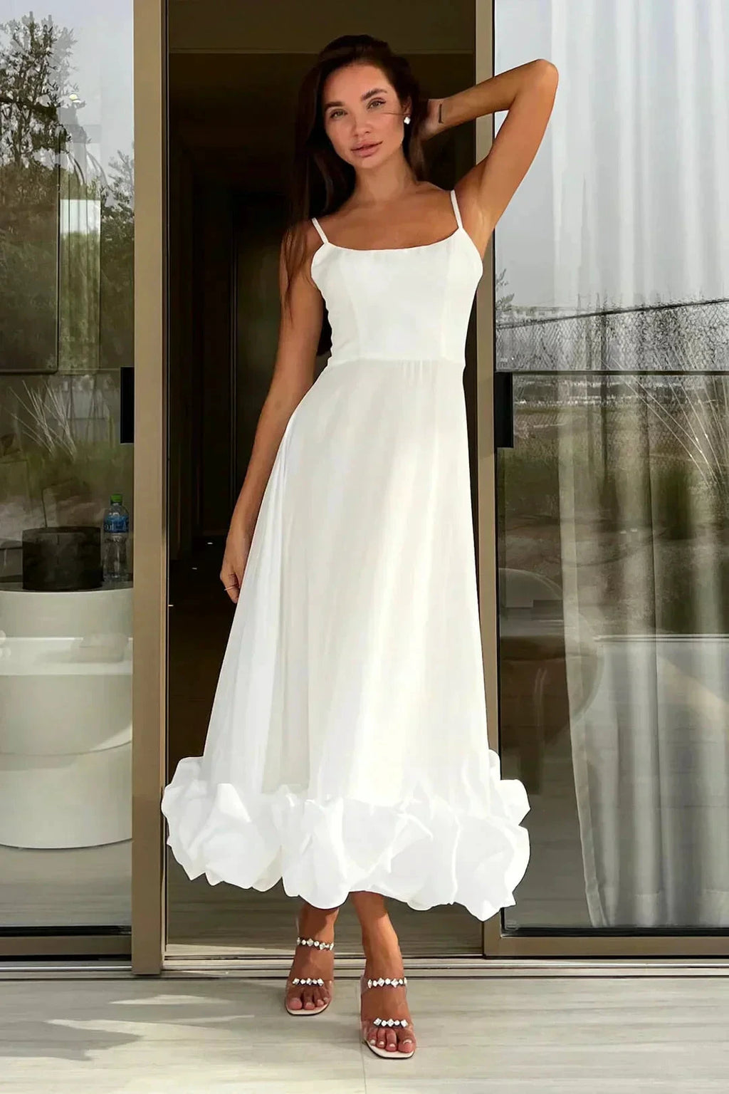 Percival | A Line Satin White Long Prom Dresses with Ruffles by KissProm