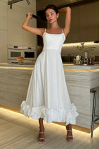 Percival | A Line Satin White Long Prom Dresses with Ruffles by KissProm