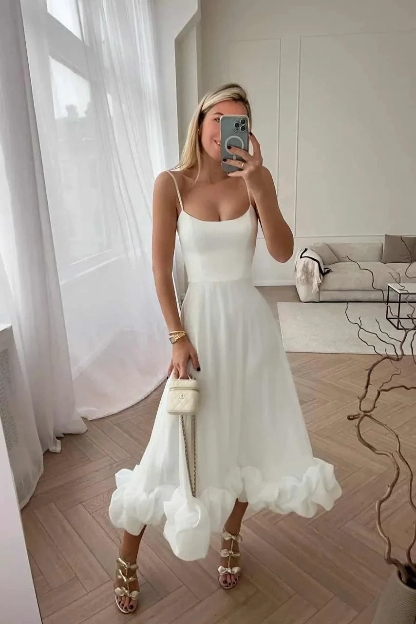 Percival | A Line Satin White Long Prom Dresses with Ruffles by KissProm