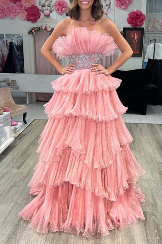 Peyton | Vestido de fiesta largo sin tirantes, corte A y volantes
