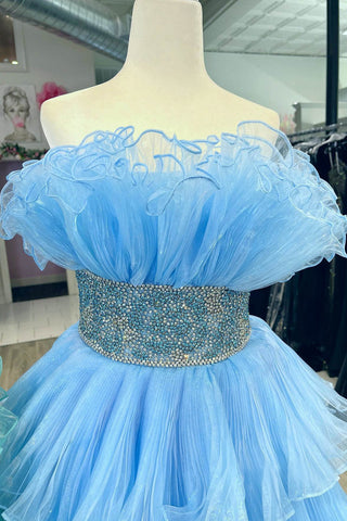 Peyton | Vestido de fiesta largo sin tirantes, corte A y volantes