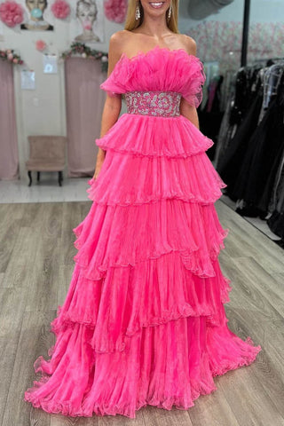 Peyton | Vestido de fiesta largo sin tirantes, corte A y volantes