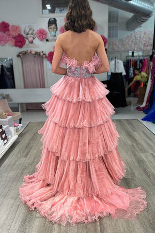 Peyton | Vestido de fiesta largo sin tirantes, corte A y volantes