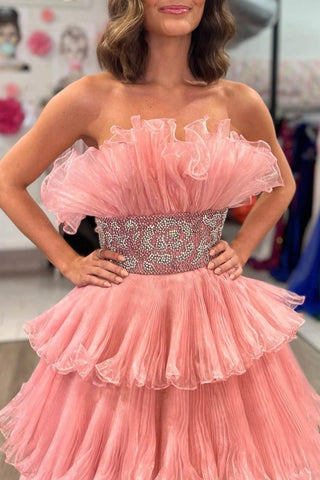 Peyton | Vestido de fiesta largo sin tirantes, corte A y volantes