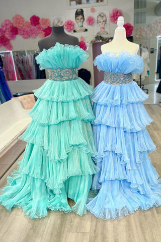 Peyton | Vestido de fiesta largo sin tirantes, corte A y volantes