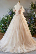 Phebian | Champagne Off the Shoulder Tulle Floral Floor Length Long Prom Dresses by KissProm