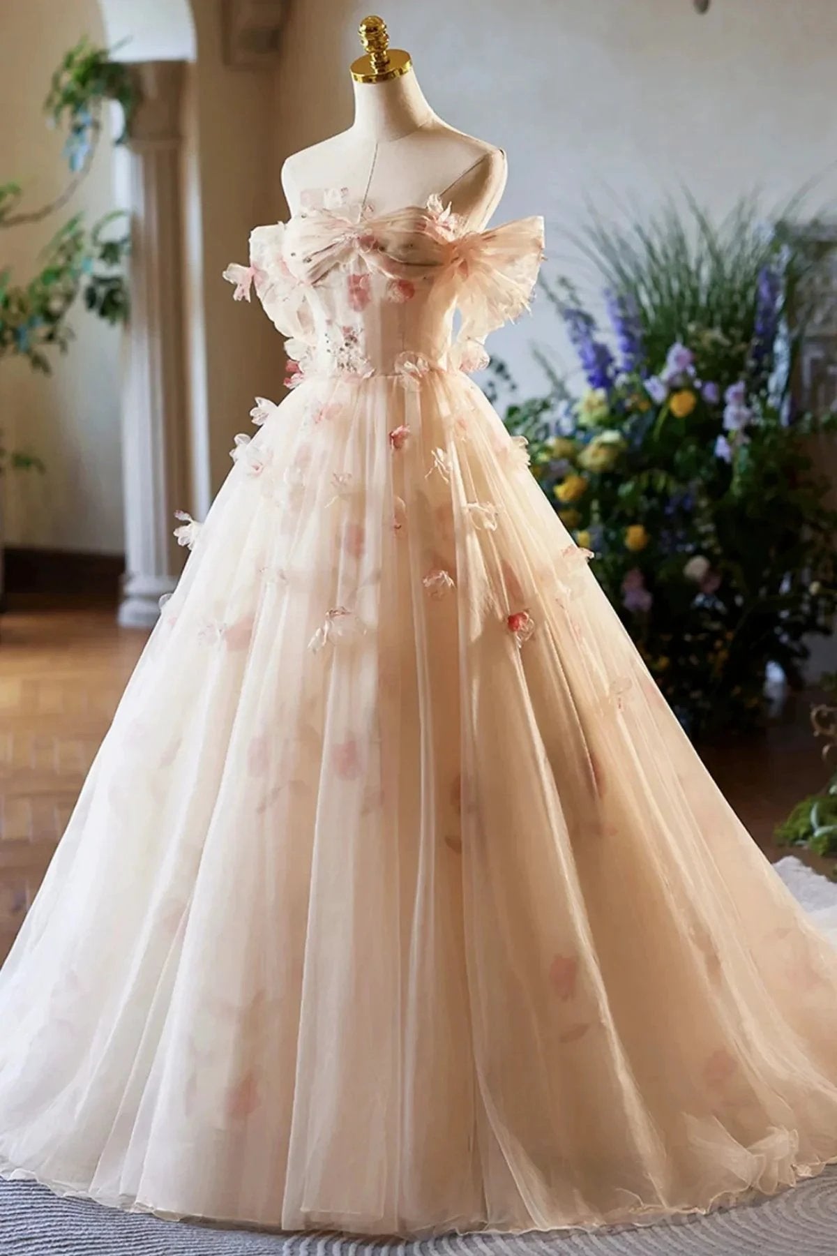Phebian | Champagne Off the Shoulder Tulle Floral Floor Length Long Prom Dresses by KissProm