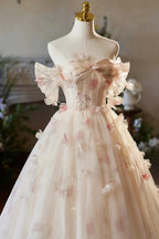 Phebian | Champagne Off the Shoulder Tulle Floral Floor Length Long Prom Dresses by KissProm