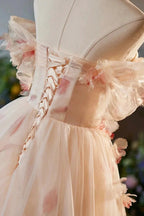 Phebian | Champagne Off the Shoulder Tulle Floral Floor Length Long Prom Dresses by KissProm