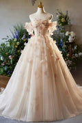 Phebian | Champagne Off the Shoulder Tulle Floral Floor Length Long Prom Dresses by KissProm