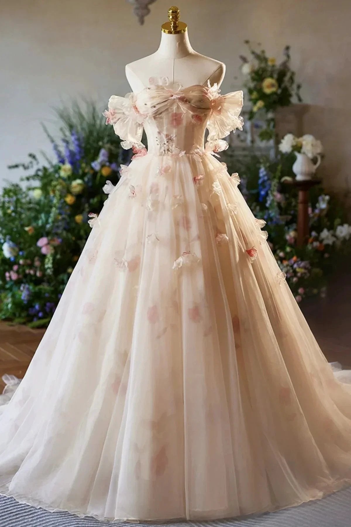 Phebian | Champagne Off the Shoulder Tulle Floral Floor Length Long Prom Dresses by KissProm