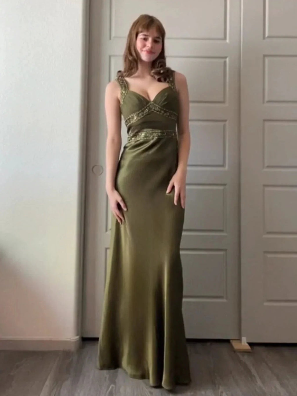 Philomena | Olive Green Sheath Satin Beaded Long Prom Dresses by KissProm